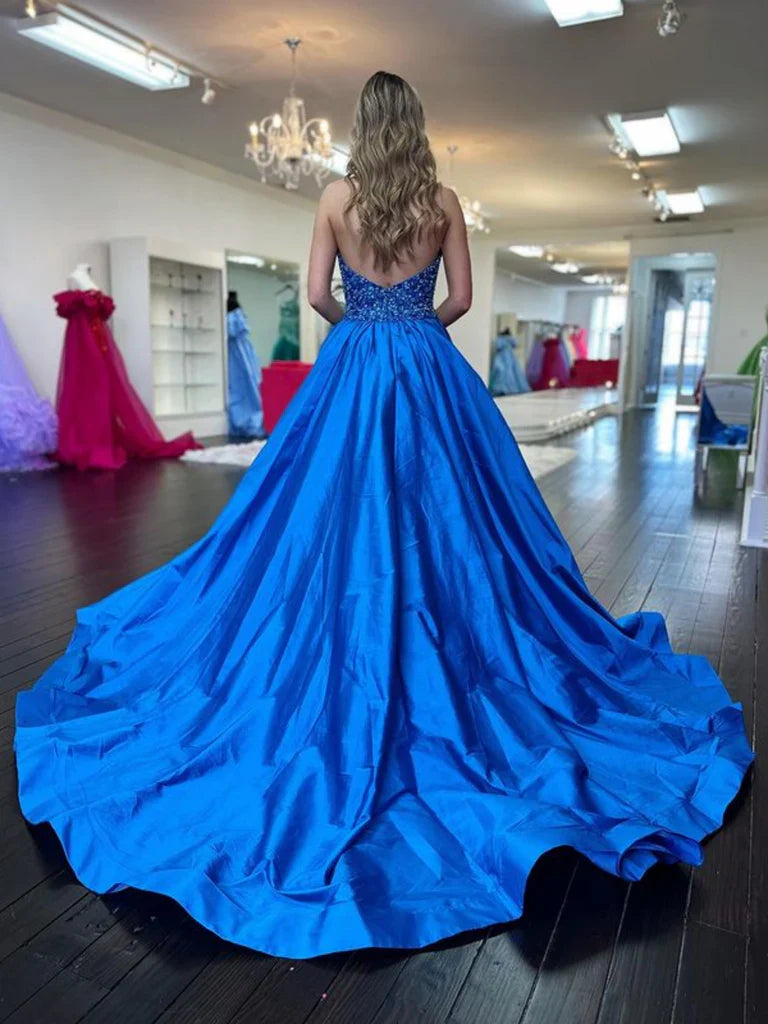 Vestidos de fiesta largos azules con escote en V y espalda descubierta para graduación formal